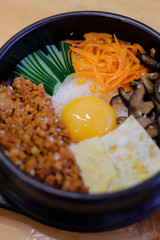 Korean Bibimbap dish with rice and vegetables on wood background.