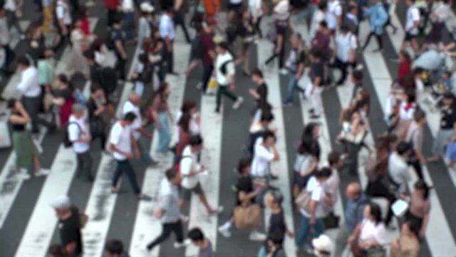 UMEDA, OSAKA, JAPAN - CIRCA SEPTEMBER 2019 : Aerial blurred view of zebra crossing near Osaka train station. Crowd of people at the street. Shot in busy rush hour. Slow motion.