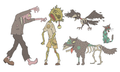 Zombies Set, Decaying Undead People and Animals, Zombie Apocalypse Vector Illustration