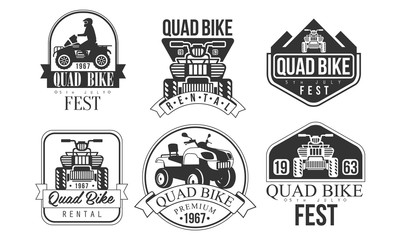 Quad Bike Fest Premium Retro Labels Set, Rental Service Monochrome Badges Vector Illustration