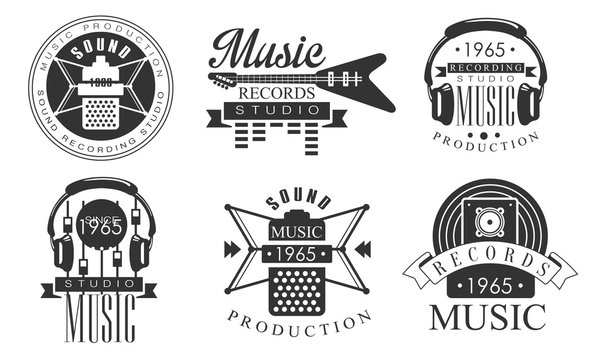 Music Records Studio Retro Labels, Music Production Sound Recording Studio Monochrome Badges Vector Illustration