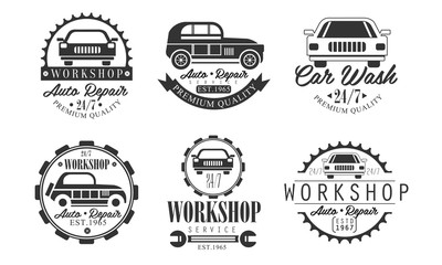 Workshop Auto Repair Service Premium Retro Labels Set, Mechanic Station, Car Wash Monochrome Badges Vector Illustration
