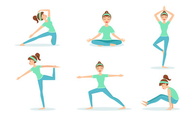 Girl Practicing Yoga Exercises Set, Young Woman Performing Physical Exercises and Demonstrating Various Yoga Positions Vector Illustration