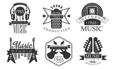 Obraz premium Music Production Retro Labels, Music Rrecording Monochrome Badges Vector Illustration