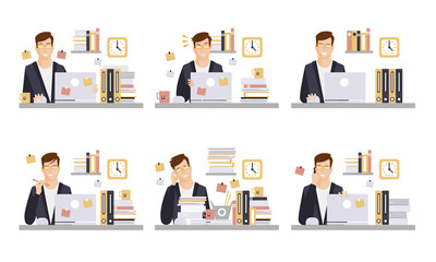 Businessman in Workplace Set, Male Office Employee Character Working Day Vector Illustration