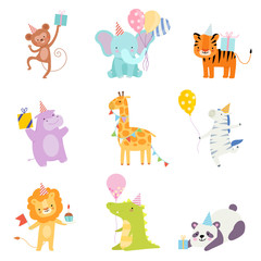 Set of cartoon animals in birthday caps. Vector illustration on a white background.