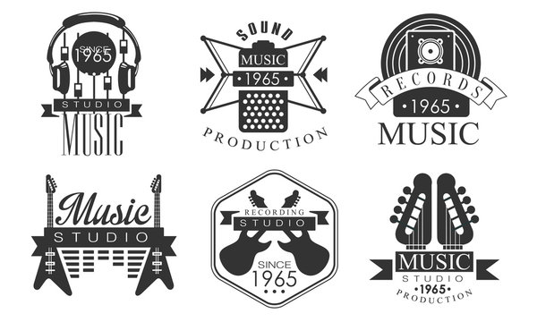 Music Production Retro Labels, Music Rrecording Monochrome Badges Vector Illustration
