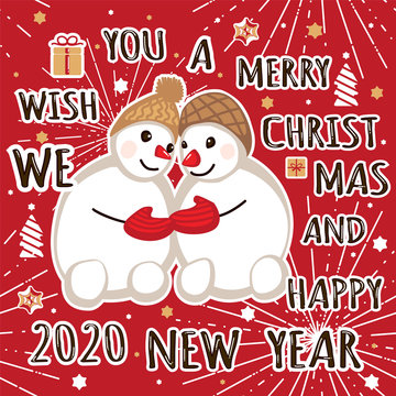 Greeting card with Snowman couple with gift box and christmas tree