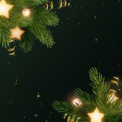 Fototapeta na wymiar Square Christmas background design with fir branches, glowing stars, gold serpentines and luminous light bulbs. Dark gray backdrop with space for text. Vector flyer or banner template.