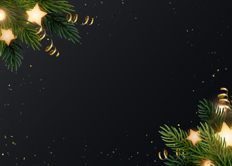 Fototapeta na wymiar Christmas background design with fir branches, glowing stars, gold serpentines and luminous light bulbs. Dark gray backdrop with space for text. Vector flyer or banner template.