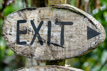 Text exit on a wooden board in a rainforest jungle of tropical Bali island, Indonesia. Exit wooden sign inscription in the asian tropics.