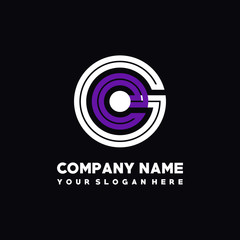 initial letter GE logo, round logo white, purple lowercase letters