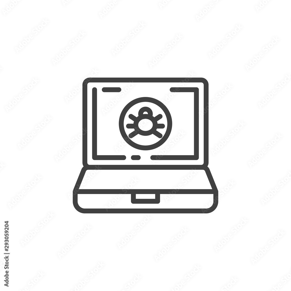 Fototapete Computer virus line icon. linear style sign for mobile concept and web design. Infected laptop with virus bug outline vector icon. Symbol, logo illustration. Vector graphics