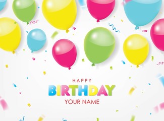 Happy Birthday with colorful balloons and confetti background. 3D paper cut sign, greeting, congratulations design