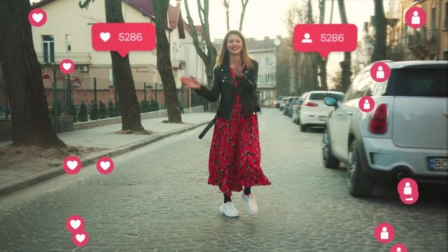 Vlogger Influencer. Animation with User Interface - Likes, Followers, Comments for Social Media from Smartphone. Funny Attractive Dancing Woman Dances. Response. Successful Emotion. Live Stream.