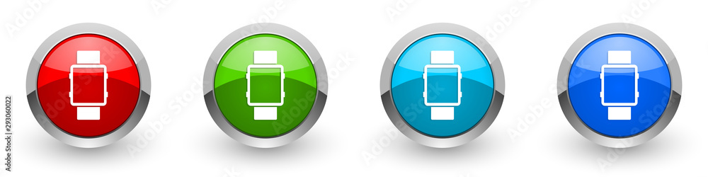 Poster smart watch silver metallic glossy icons, red, set of modern design buttons for web, internet and mo