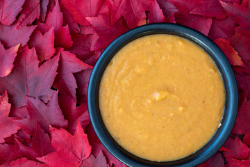 Fall harvest bisque soup of pureed squash and other fall vegetables, in a black bowl, on a background of red maple leaves