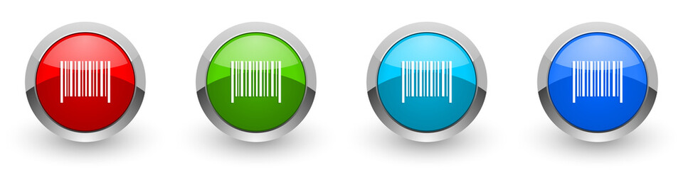Barcode silver metallic glossy icons, red, set of modern design buttons for web, internet and mobile applications in four colors options isolated on white background