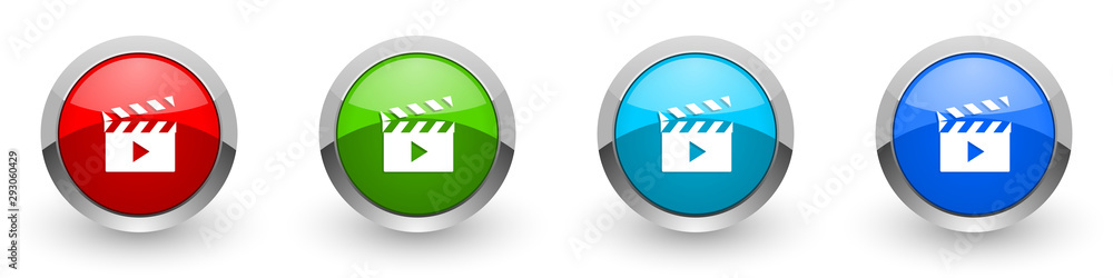 Poster video silver metallic glossy icons, red, set of modern design buttons for web, internet and mobile a
