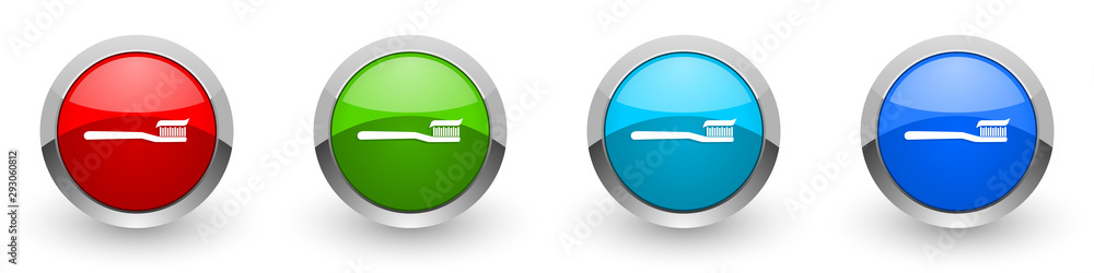Poster toothbrush silver metallic glossy icons, red, set of modern design buttons for web, internet and mob