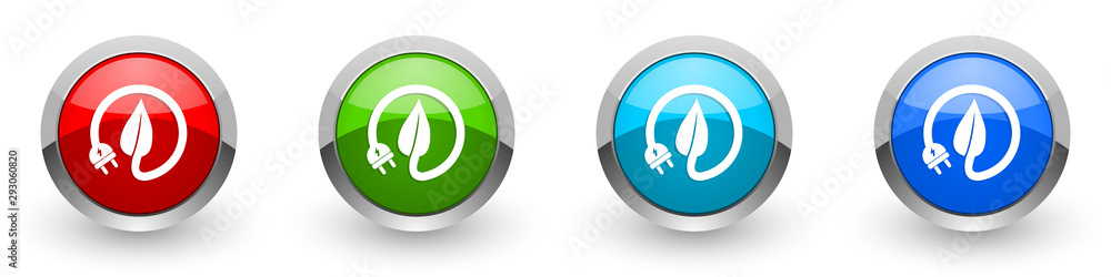 Poster eco electricity, leaf silver metallic glossy icons, red, set of modern design buttons for web, inter