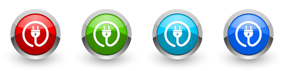 Plug power silver metallic glossy icons, red, set of modern design buttons for web, internet and mobile applications in four colors options isolated on white background