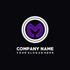 initial letter OM logo, round logo white, purple lowercase letters