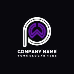 initial letter PW logo, round logo white, purple lowercase letters