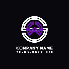 initial letter SW logo, round logo white, purple lowercase letters
