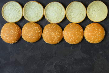 burger bun (round bun for making fast food sandwiches) menu concept. food background. copy space. Top view