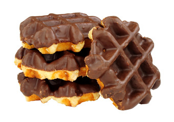 Group of sweet chocolate covered waffles isolated on a white background