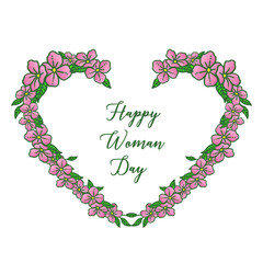 Card of happy woman day, with pink wreath frame background and green leaves. Vector