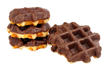 Group of sweet chocolate covered waffles isolated on a white background