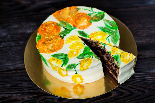 Close-up of slice of cake in citrus style.