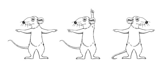 Image of a cartoon rat. Sketch. Gymnastics. Black and white image. Set.