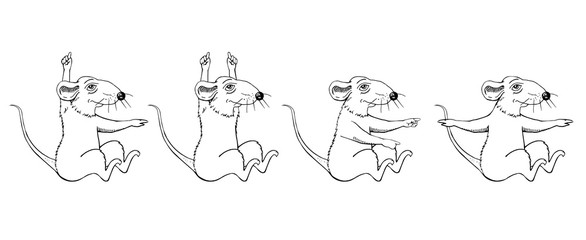 Cartoon rat image sketch. Krysv sits. Hand movement. Set.