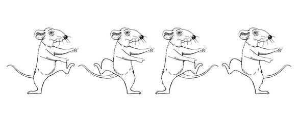 Cartoon rat image sketch. holiday. jumping. dance. set.