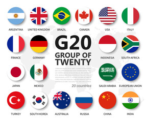 G20 . Group of Twenty countries and membership flag . International association of government econimic and financial . Flat circle element design . White isolated background . Vector