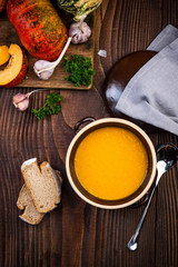 Autumn Warming Pumpkin Soup. Copy Space Background