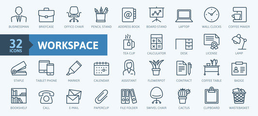 Office workspace elements - thin line web icon set. Outline icons collection. Simple vector illustration. - obrazy, fototapety, plakaty