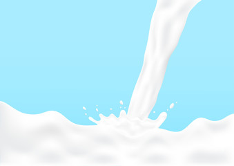 Pouring milk splash isolated on blue background. Vector. Illustration.	