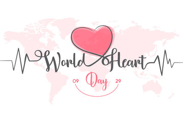 World Heart Day abstract letter line heart and cardio pulse trace on globe