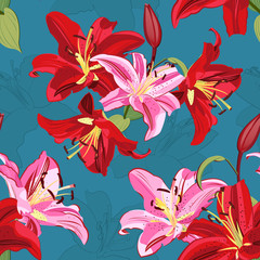 Lily flower seamless pattern on green background, Pink and Red lily floral vector illustration