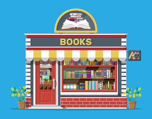 Bookstore shop exterior. Books shop brick building. Education or library market. Books in shop window on shelves. Street shop, mall, market, boutique facade. Vector flat style illustration.