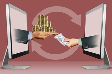 ecommerce concept, two hands from monitors. pile of coins and hand with cash money. 3d illustration