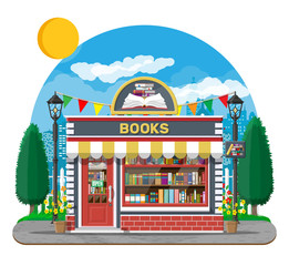 Bookstore shop exterior. Books shop brick building. Education or library market. Books in shop window on shelves. Street shop, mall, market facade. Nature outdoor cityscape. Flat vector illustration
