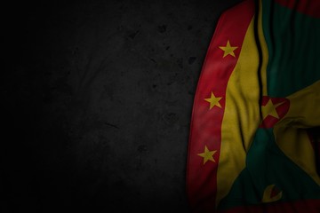 nice any holiday flag 3d illustration. - dark illustration of Grenada flag with big folds on black stone with free space for your content