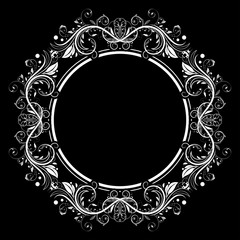 Floral filigree frame. Decorative round design element on black background