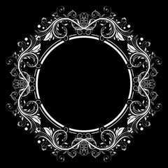 Floral filigree frame. Decorative round design element on black background