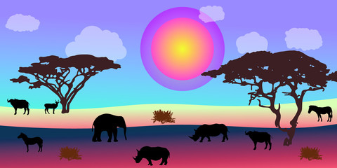 Landscape of African savannah. Animals in wild nature. 